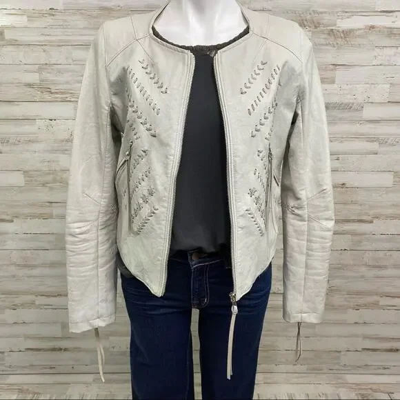 BlankNYC Moto Faux Leather Jacket Womens Size M Gray Lacing Fringe Zip Front - Picture 2 of 16